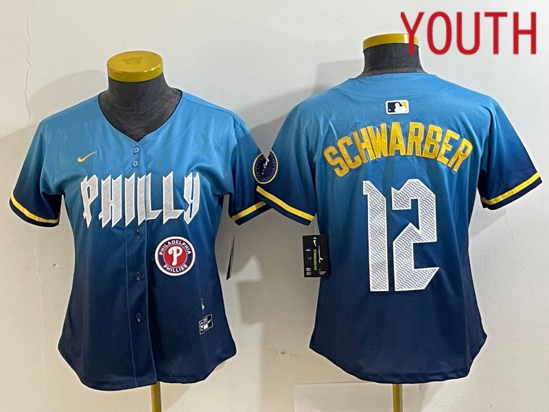 Youth Philadelphia Phillies #12 Schwarber Blue City Edition Nike 2024 MLB Jersey style 4->youth mlb jersey->Youth Jersey